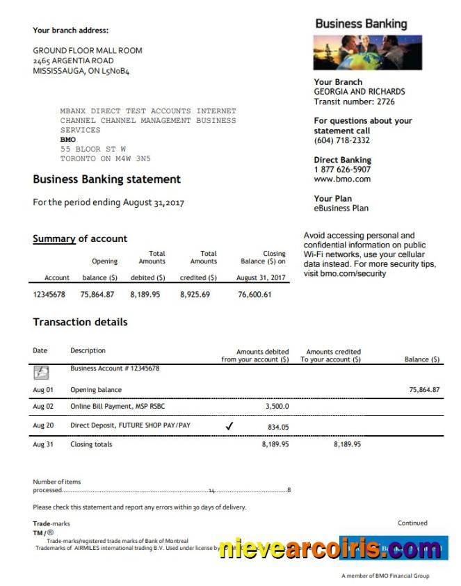 USA BMO Bank of Montreal bank proof of address statement in Word and PDF format